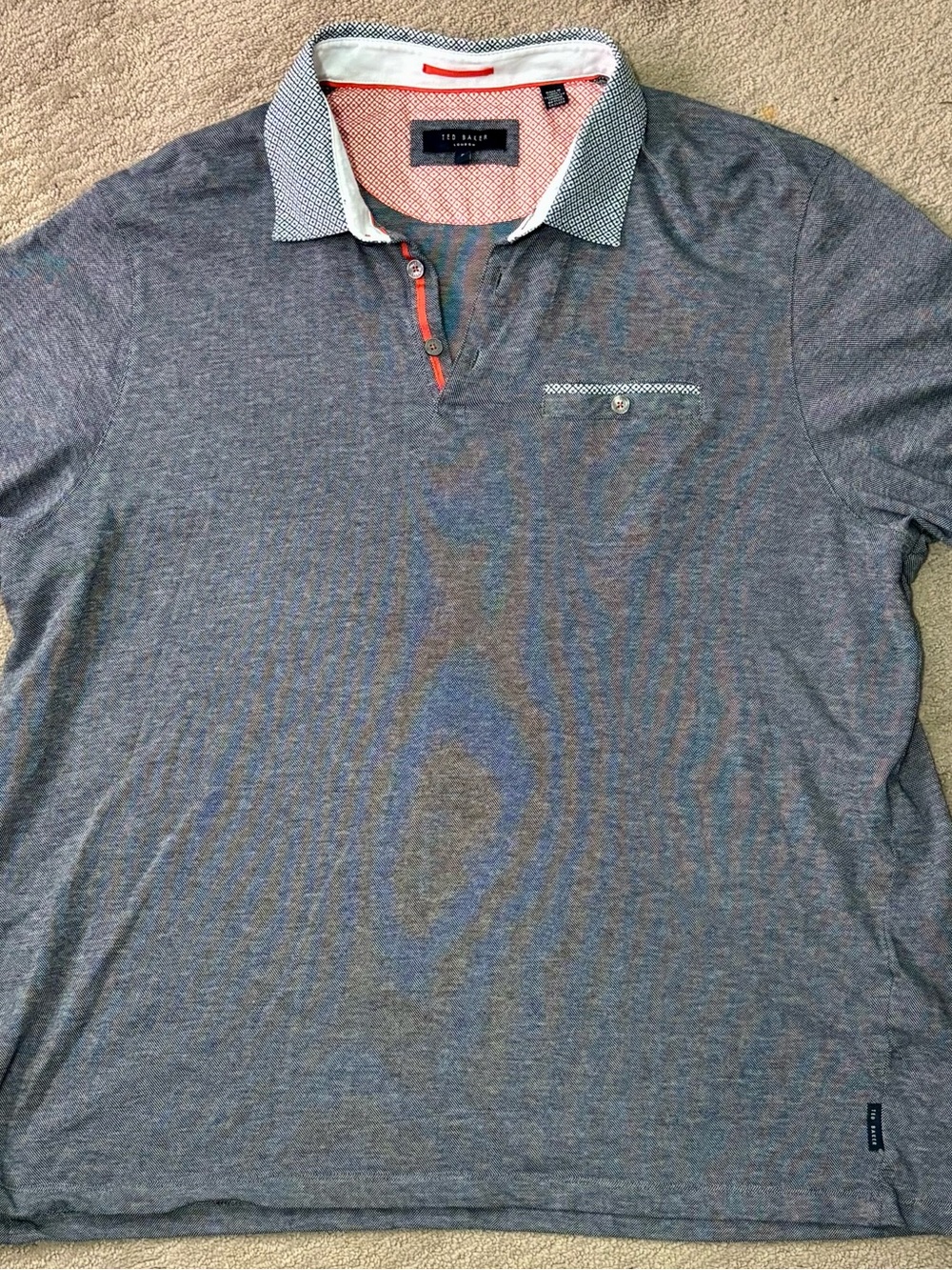 Ted Baker Men’s Gray Polo with Patterned Contrast Collar and Orange Trim